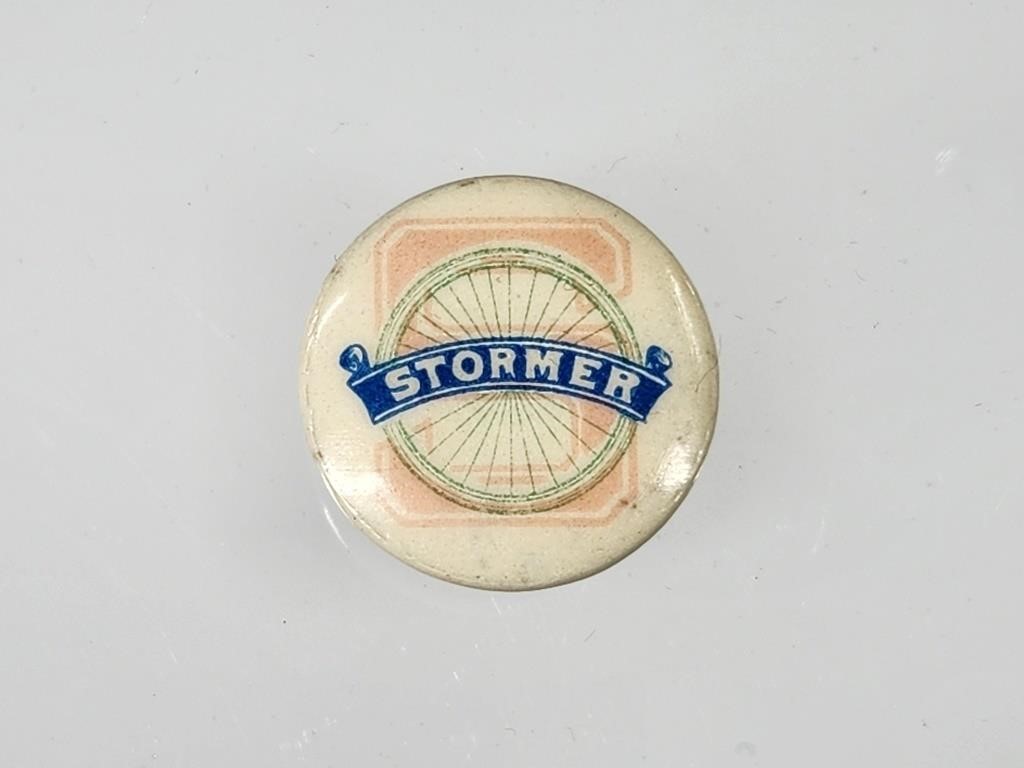 EARLY STORMER BICYCLE WHEEL CELLULOID BUTTON