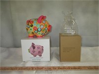 2pc NEW Ceramic Piggy Bank & Glass Honey Dipper