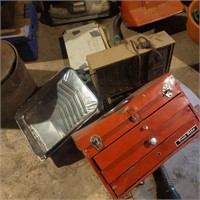 Toolbox, space heater, paint roller pans