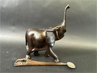 Dark Wood Carved Elephant Sculpture & Spoon