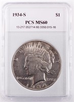Coin 1934-S U.S. Peace Silver Dollar PCS MS60-