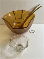 Anchor Hocking Amber salad bowl with tongs and