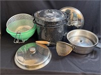 Assorted kitchen items including an enamelware