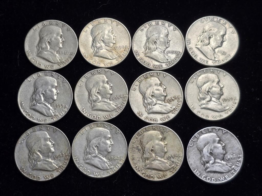 Various Dates Ben Franklin Half Dollars (12)