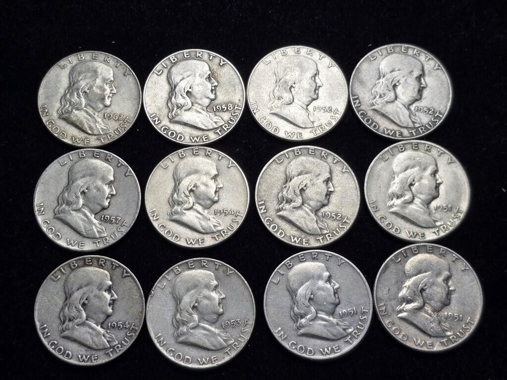 Various Dates Ben Franklin Half Dollars (12)