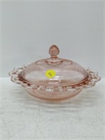 pink depression glass dish with lid