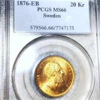 1876-EB Swedish Gold 20 Kroner PCGS - MS66