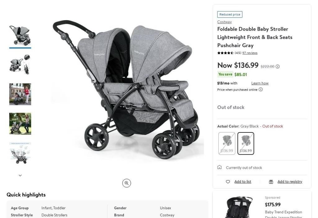 E7537  Double Baby Stroller Lightweight Seats