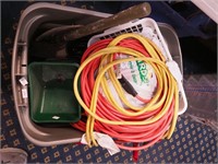 Container of electrical cords, tools, shovel,
