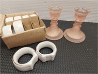 Satin pink glass candle holders & 8 napkin rings