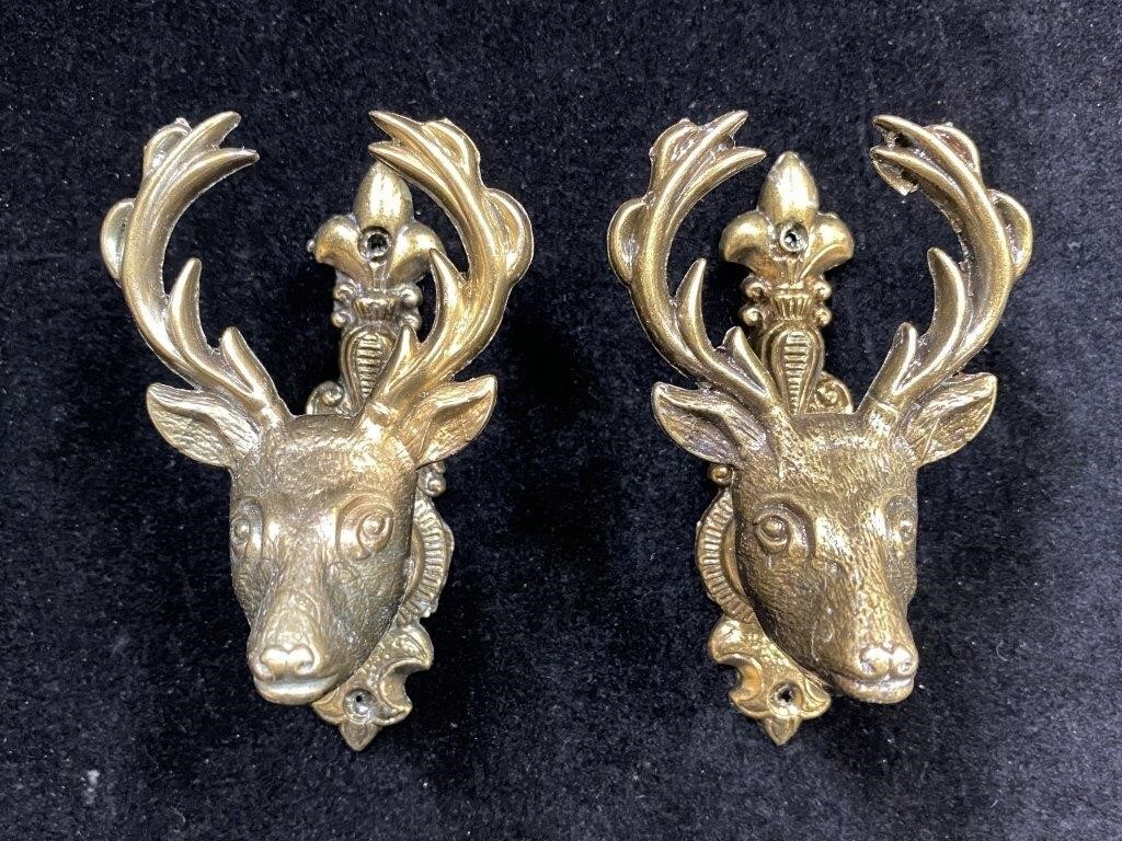 Vintage Brass Made In Spain Deer Antler Door Knobs