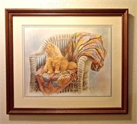 CALICO CAT in WICKER CHAIR Framed ART by Wolf Otto