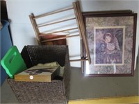 Framed pictures, wood drying rack, etc.