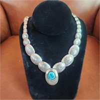 Vint. Native American Silver & Turquoise Necklace