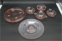 6 Pcs. Pink Depression Glass Cake Stand, Bowls++