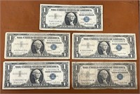 FIVE Total $1 Dollar Silver Certificates 1957 -