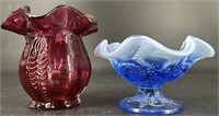 Fenton Blue Opal Compote & Fenton Cranberry Vase