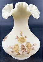 Fenton Hp Roses On Cameo Satin Vase By V Fielder