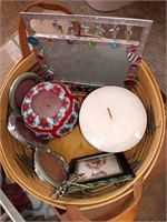 Longaberger basket with candles picture frames