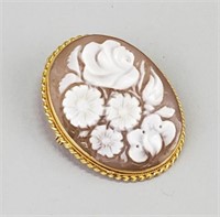 18K Gold Floral Cameo Brooch & Pendant.