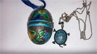 Enameled silver : egg locket & turtle necklace