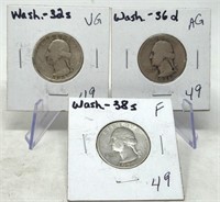 1932-S Quarter VG; 1936-D., ’38-S Quarters AG-F