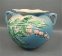 Roseville Pottery Blue Hanging Hearts Handled Vase