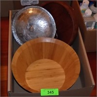 WOODEN BOWLS, VINTAGE ALUMINUM COVERED DISH