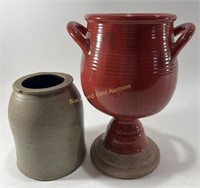 Ceramic Red Standing Vase & Stoneware Crock