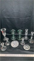 Decorative glassware, various candle sticks,