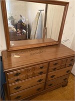 Vintage full size maple bed , mirror and dresser.