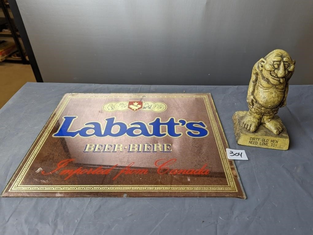 Labatts Beer Glass/ Mirror Sign & Dirty man Figure