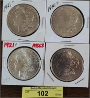 4 Morgan Silver Dollars 1921