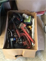 Box of Ridgid Pipe Wrench, Pipe Cutter, Fittings