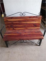 Wood and metal bench, with barn scene on the