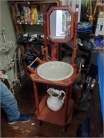 Wooden Wash Stand & Wash Bowl & Pitcher