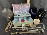 Beautiful baby blue vintage jewelry box filled