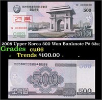 2008 Upper Korea 500 Won Banknote P# 63s;  Grades