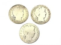 3 Barber Halfs, Half Dollars 1893, 1899, 1903