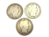 3 Barber Halfs, Half Dollars 1904, 1907, 1907-D