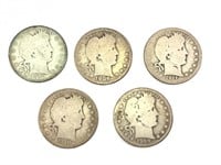 5 Barber Quarters 1906-D 1909-D 1909-S, 1910, 1911