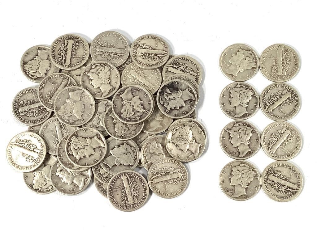 50 Silver Mercury Dimes, US Coins