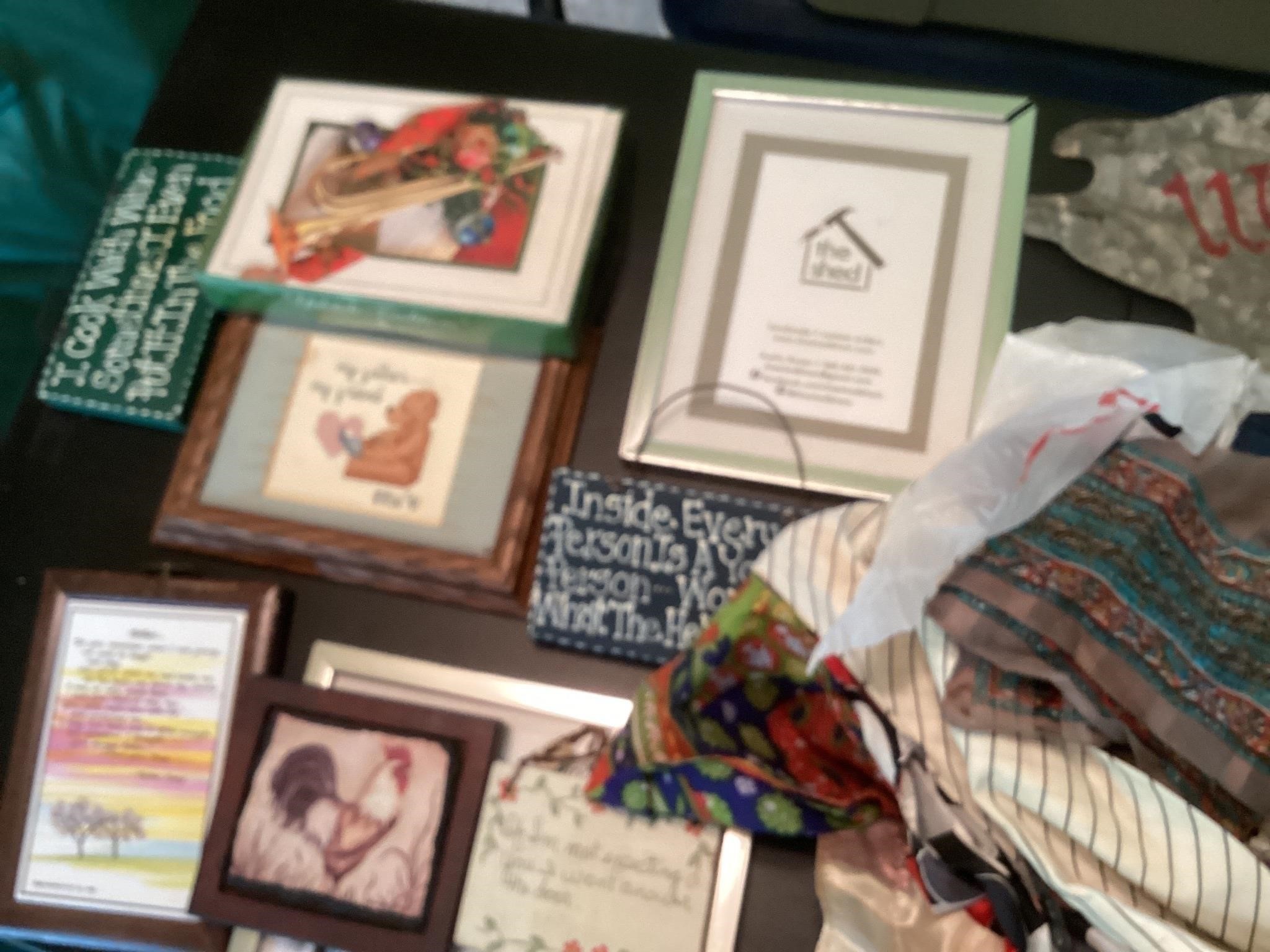 MISCELLANEOUS LOT SCARVES, FRAMES ETC