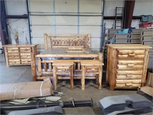 Amish Log - 6 PC King Size Bed, Dresser + More Set