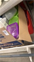 Box and bin of plastic containers and other