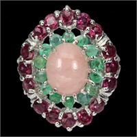 Natural Pink Opal 10x8 MM Emerald, Rhodolite Ring