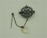 Sterling Silver Turquoise Pin W Heart & Chain