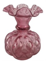 Fenton Cranberry Melon Vase Glass Ruffled Edges