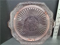 Depression Glass Open Rose Handled Cake Plate
