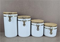 4pc Ceramic Canisters w/ Hinged Wood Lids